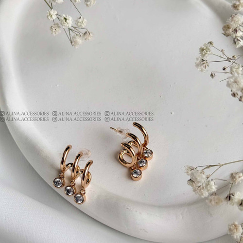 گوشواره میخی پیچی ۳ لاین نگین آویزی ژوپینگ