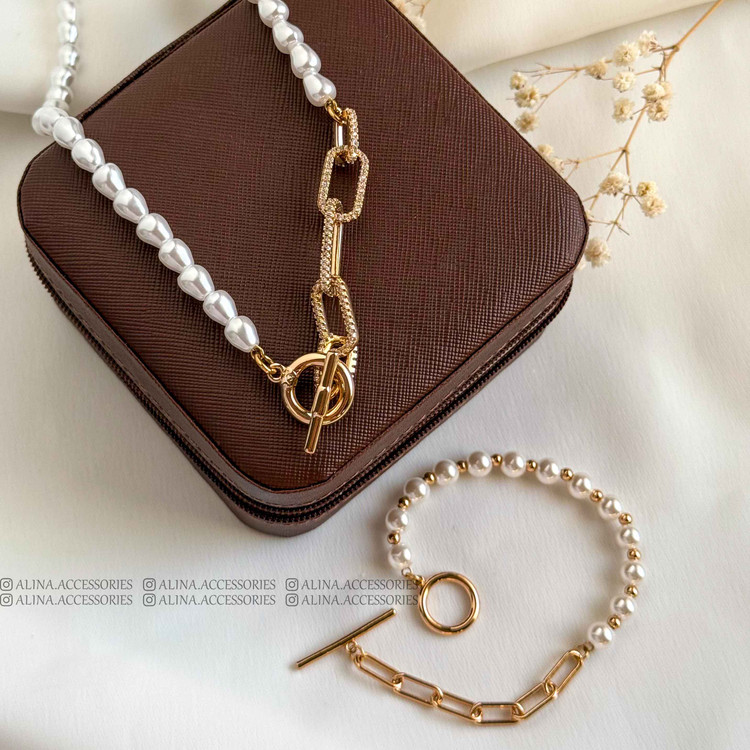 دستبند تمام مروارید قفل تی