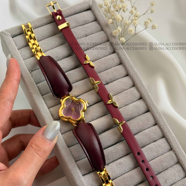ساعت ونکلیف بند چرم زنانه