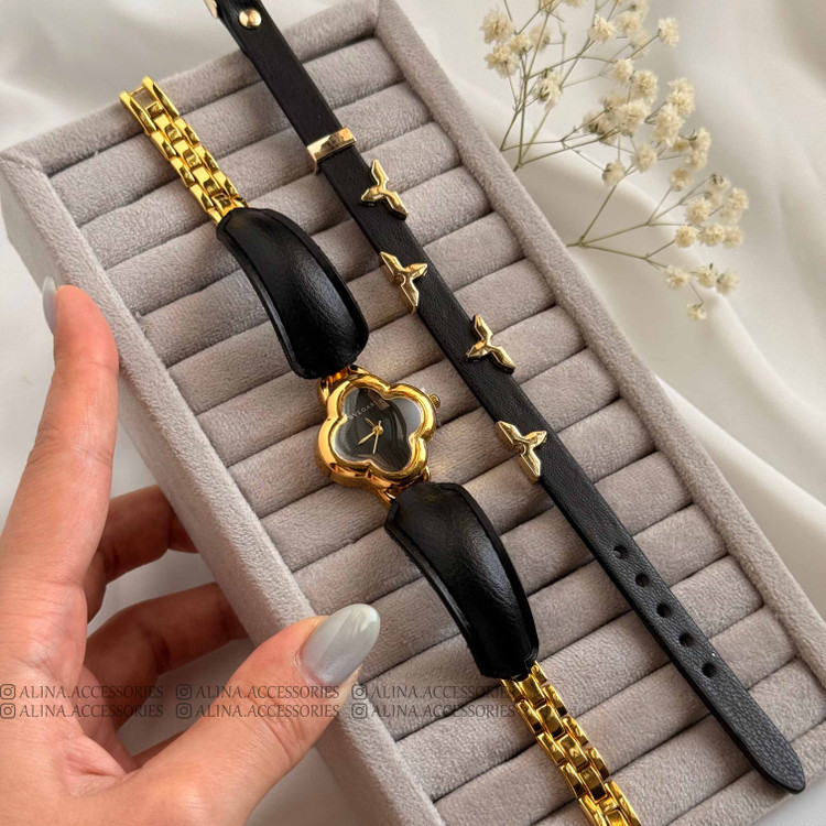 ساعت ونکلیف بند چرم زنانه